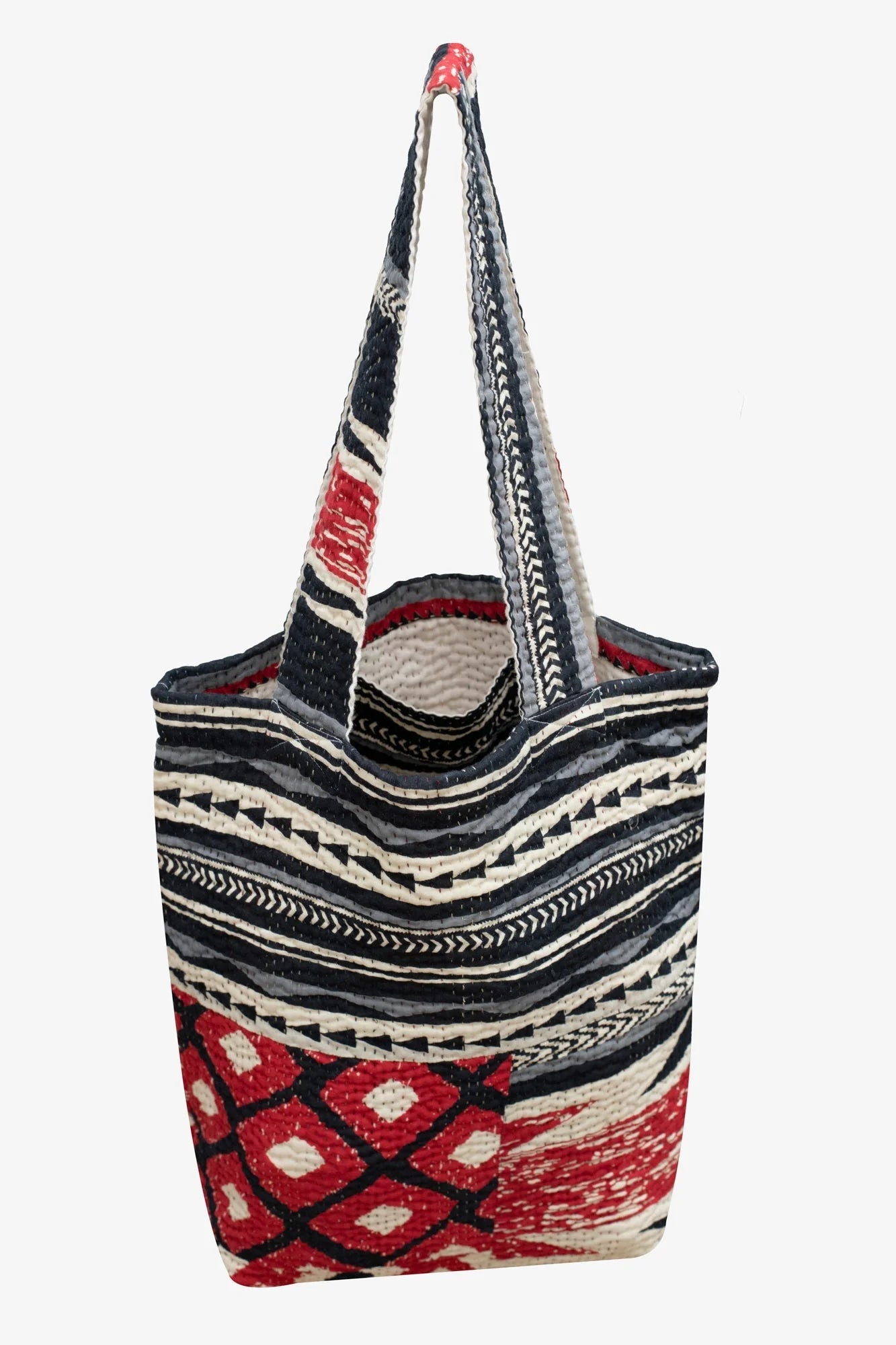 Monotone Ikat Handmade Vintage Kantha Tote Bag -Red