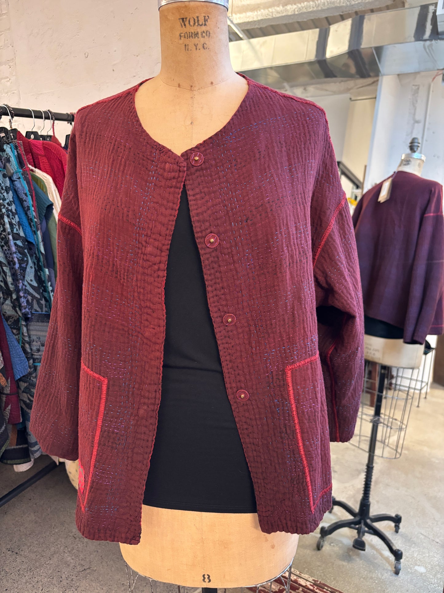OVERDYED STRIPE AND BENDS KANTHA CREW NECK SHORT JACKET - ov-sb4053-red -
