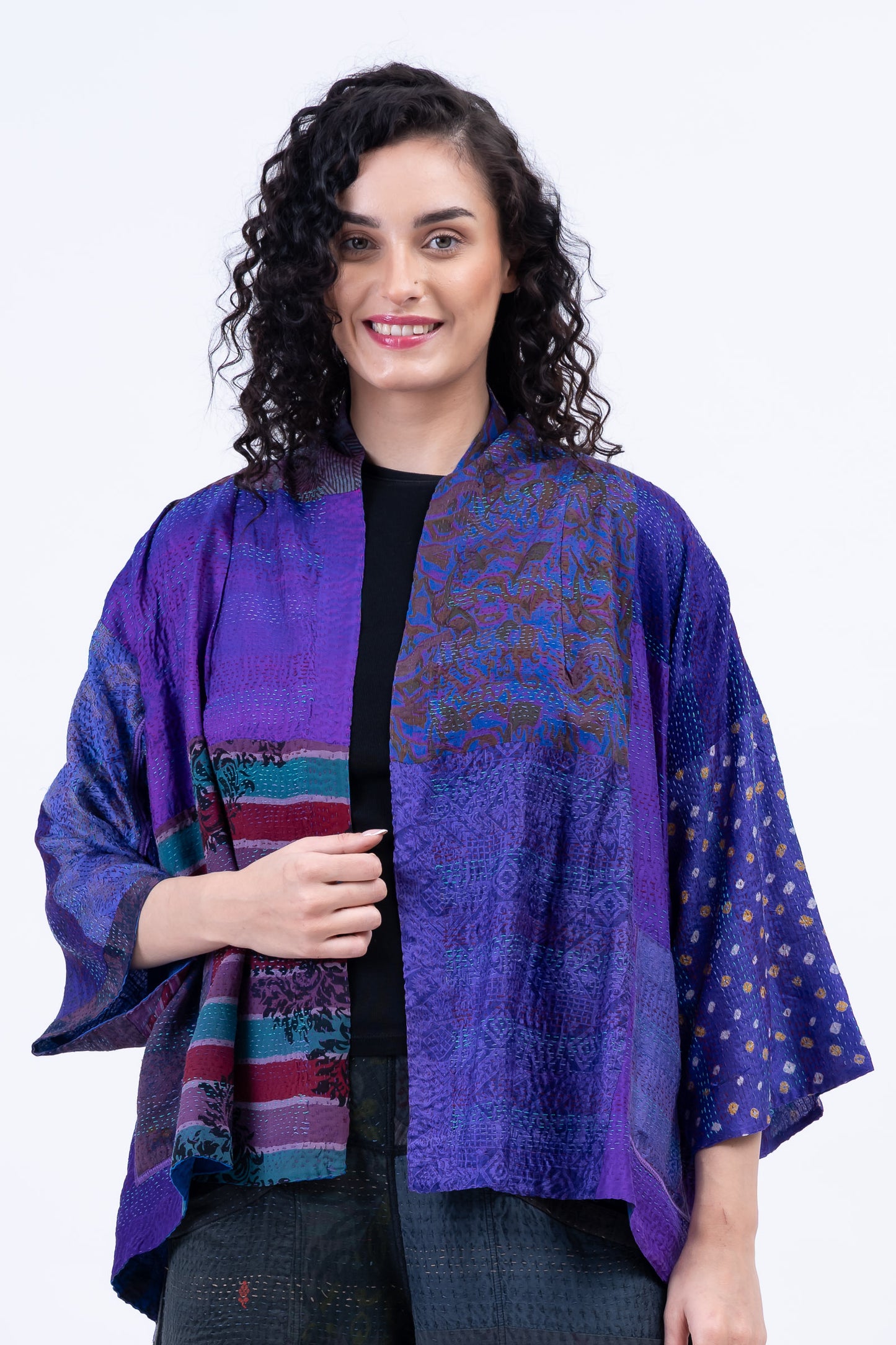 GEORGETTE VINTAGE SILK PATCH KANTHA BELL SHAPE JKT - gs2048-prp -