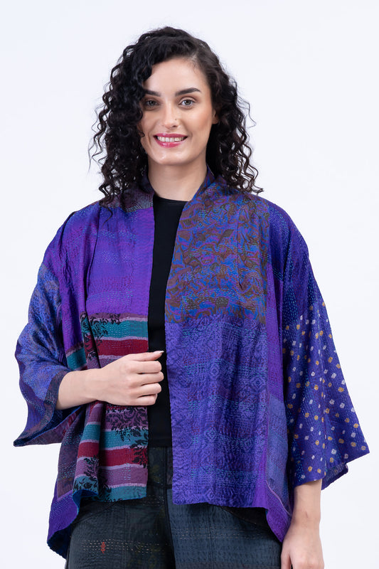 GEORGETTE VINTAGE SILK PATCH KANTHA BELL SHAPE JKT - gs2048-prp -