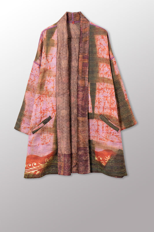 VINTAGE PRINTED SILK CLAMP DYE WITH JACQUARD KANTHA HAORI JACKET - sk4068-0001a -