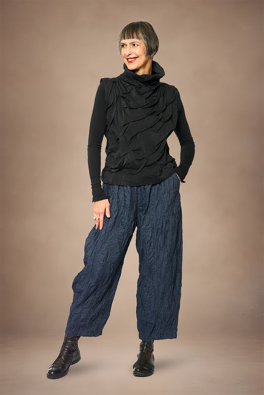 POLISHED COTTON WAVY TUCK SHELL TOP - wl1553-blk -