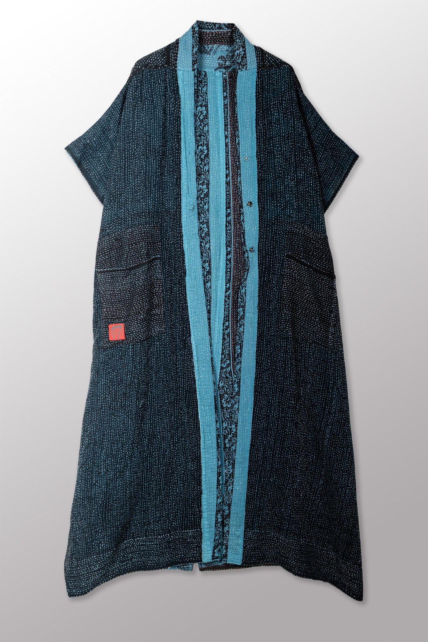 OVERDYED COTTON PAISLEY KANTHA PONCHO DRESS - ov-cp2443-blu -