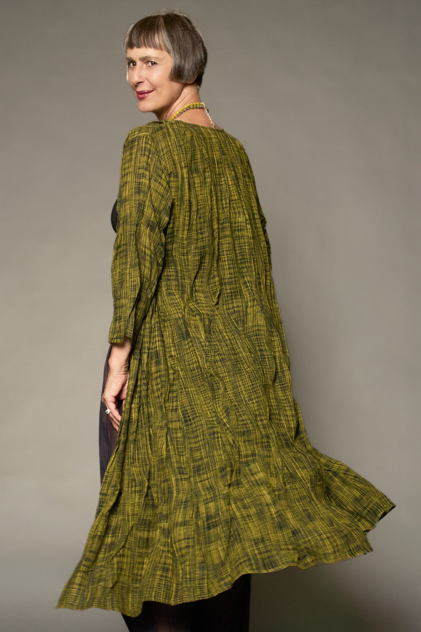 WOVEN TWO TONE COTTON WAVY TUCK TUCK CROPPED SLV. DRESS - wt1434-ylw -