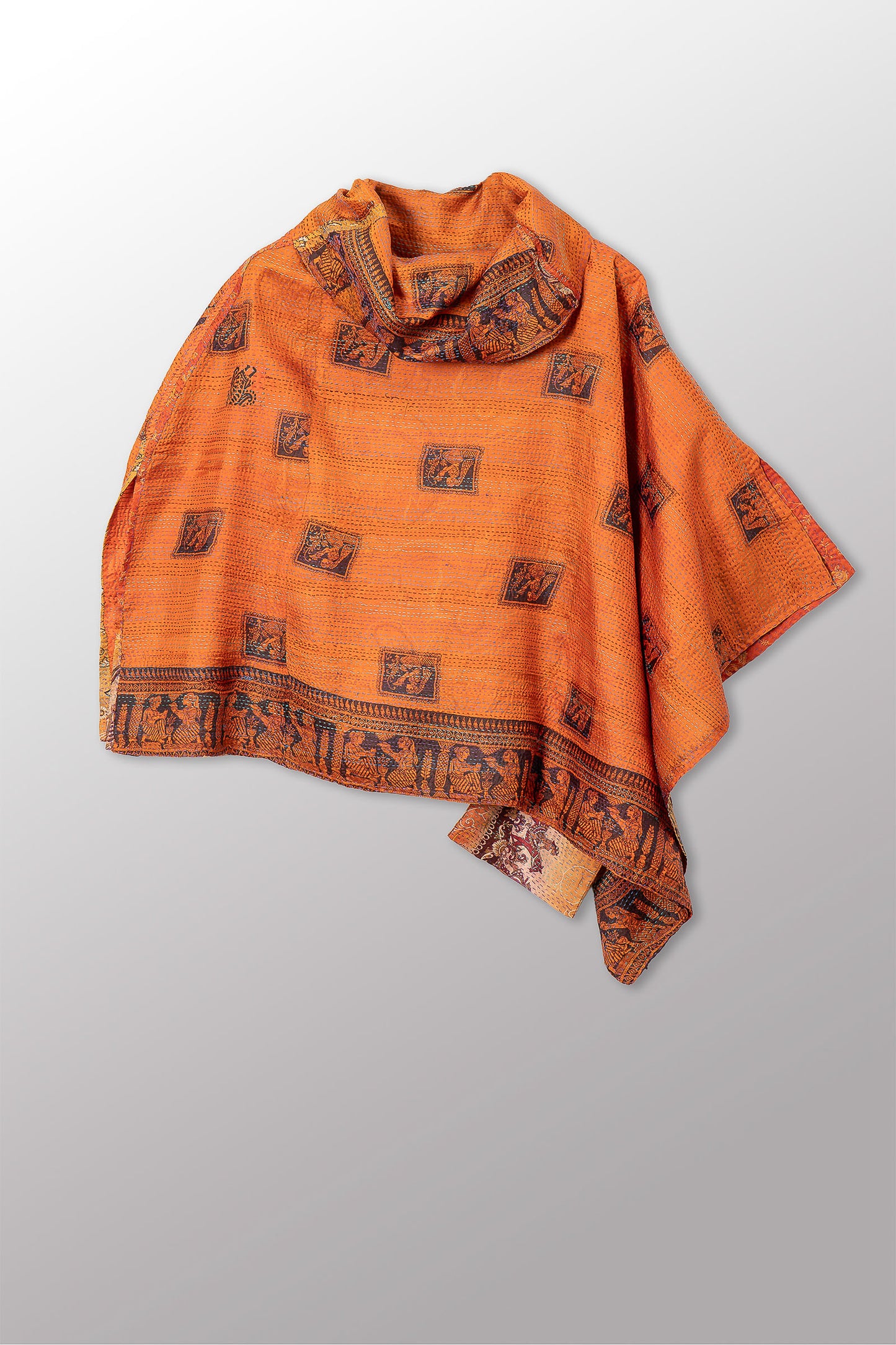 VINTAGE SILK KANTHA COWL NECK LONG CAPE - sv2842-0009a -