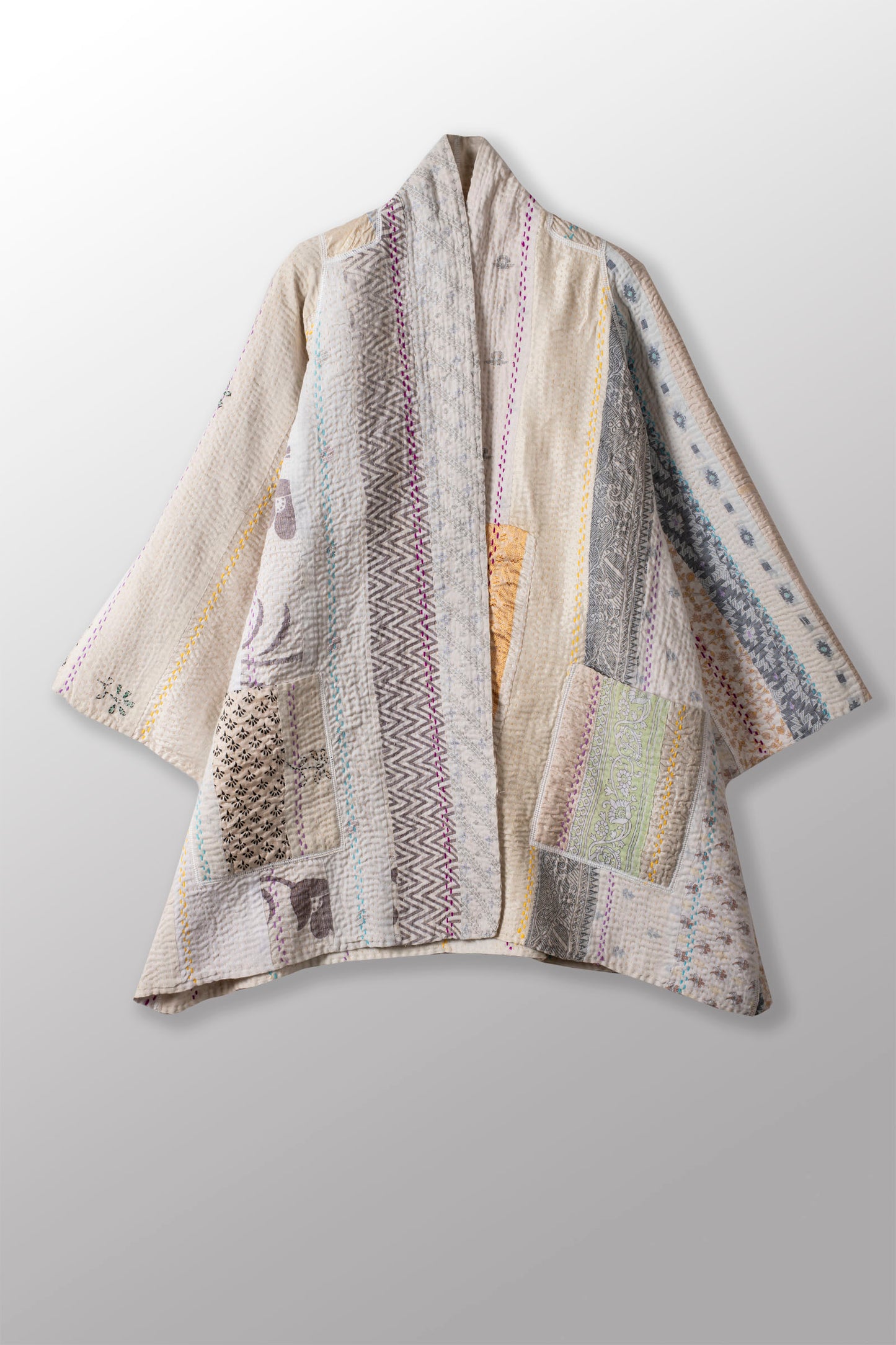 JEWEL WOVEN WITH VERTICAL PATCH KANTHA A-LINE JACKET - jv4003-ivy -