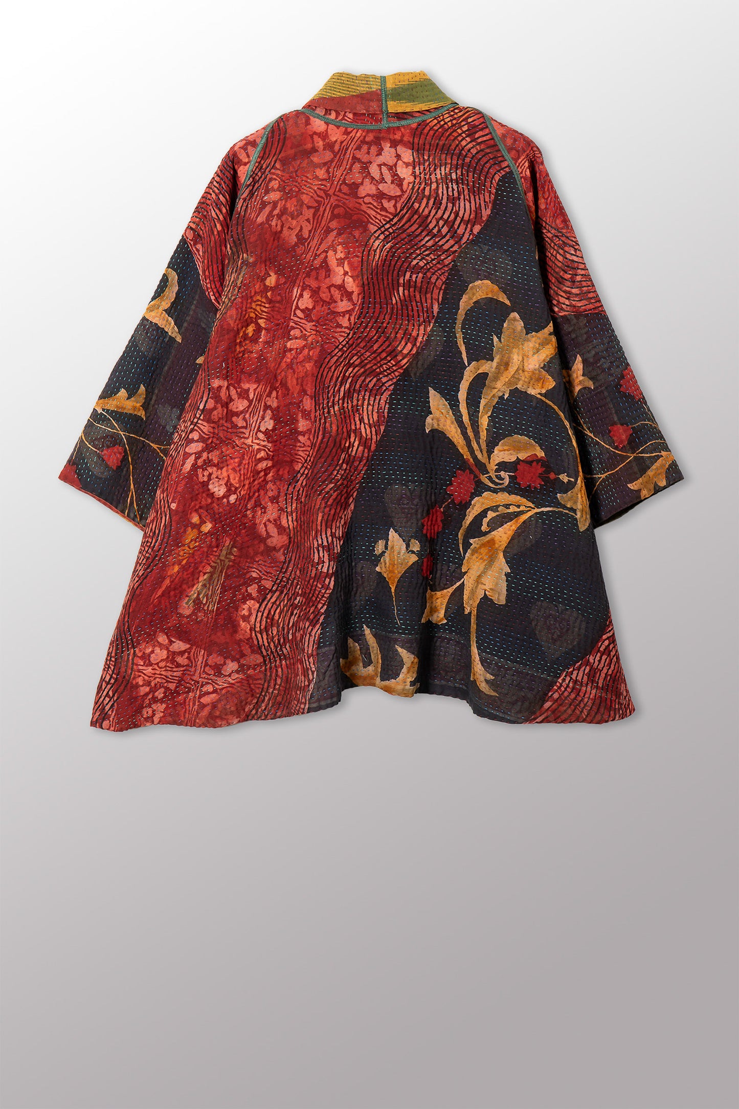 VINTAGE SILK GEORGETTE COTTON KANTHA KIMONO JACKET - gc4004-0002a -