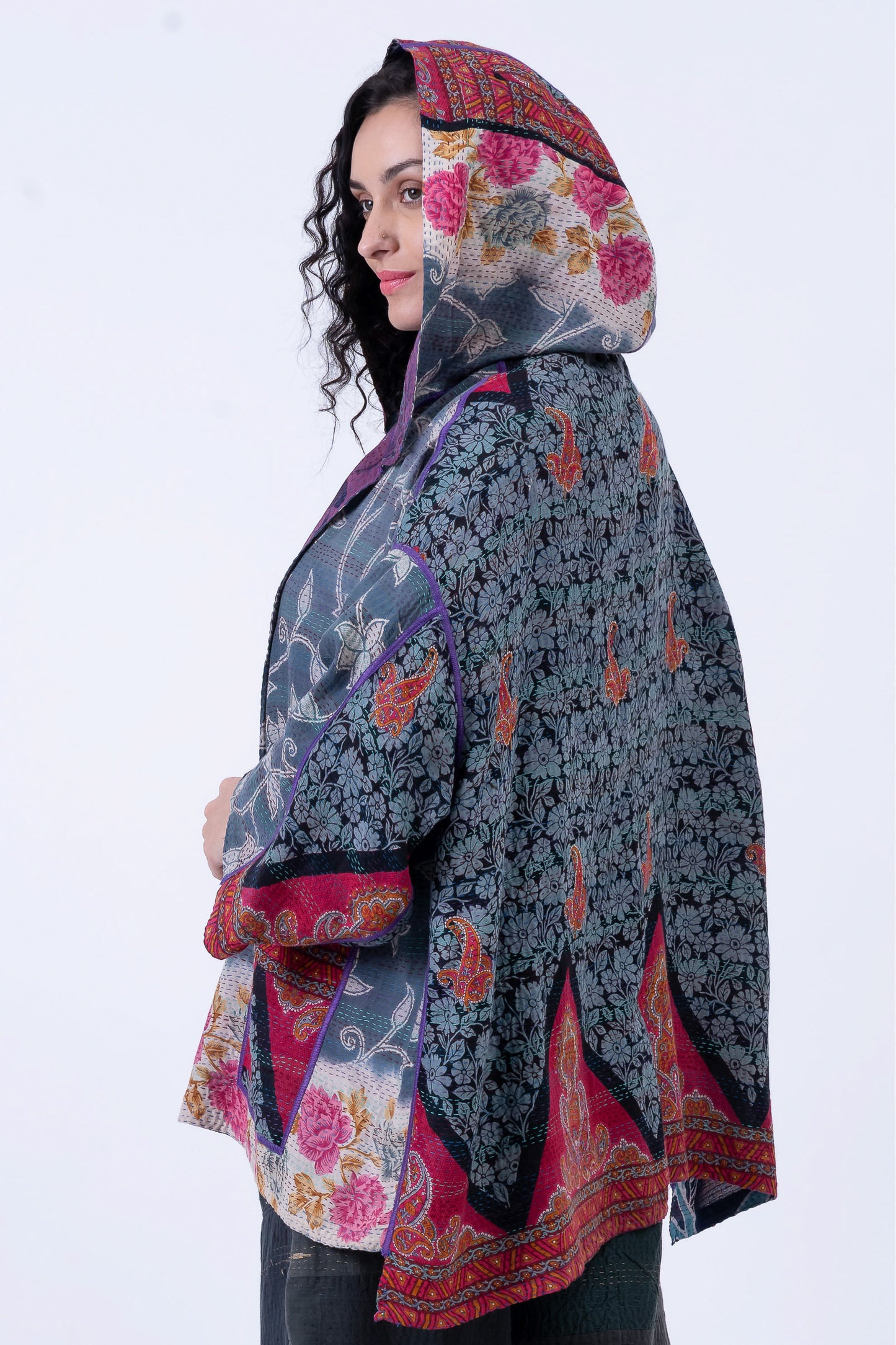 VINTAGE SILK GEORGETTE COTTON KANTHA HOODIE PONCHO - gc2064-0003a -