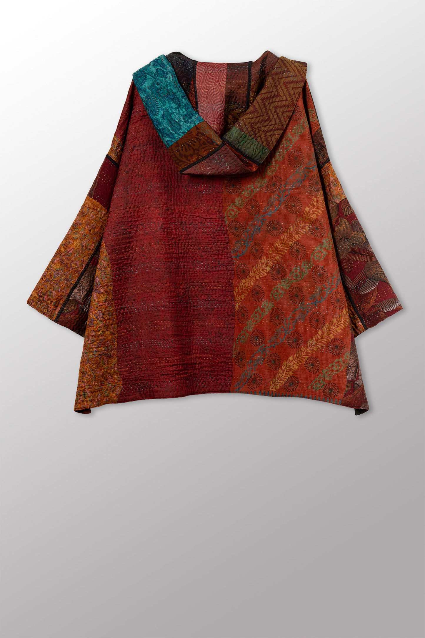 JACQUARD SILK KANTHA HOODIE PONCHO - js4064-cbrn002a -