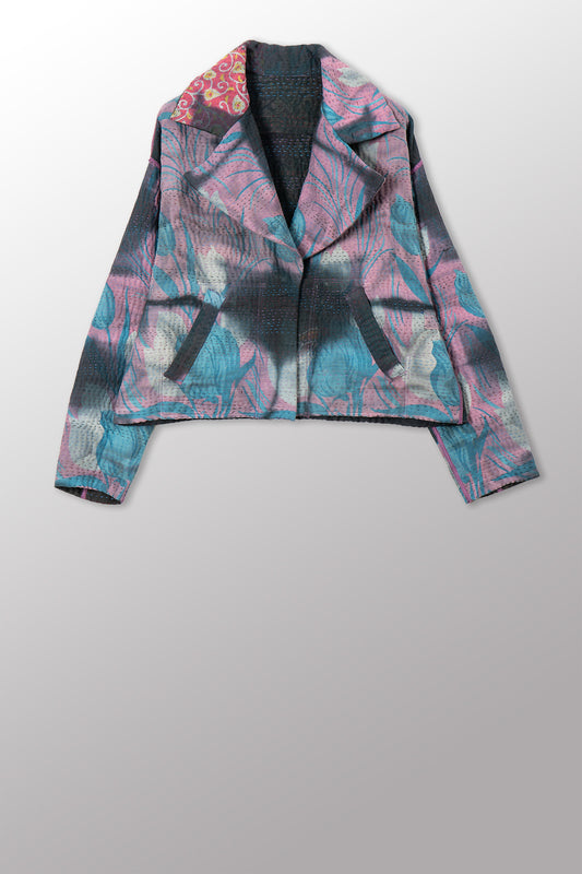 VINTAGE COTTON GREY CLAMP TIE DYE KANTHA NEW LAPELED SHORT JACKET - su4j101-0001s -