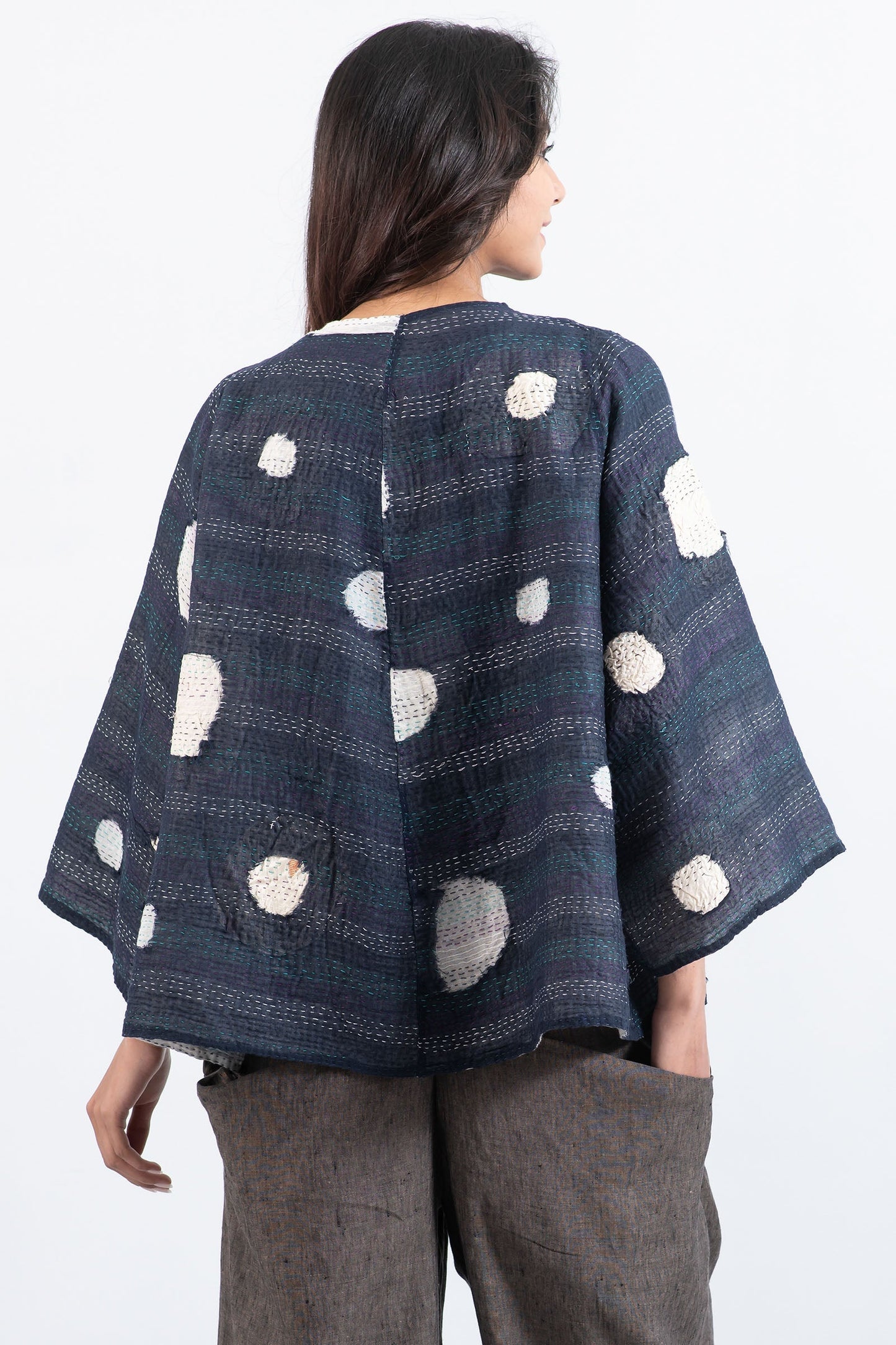 CUT THROUGH DOT AND HOLES KANTHA BELL SHAPE JKT - cd2048-blu -