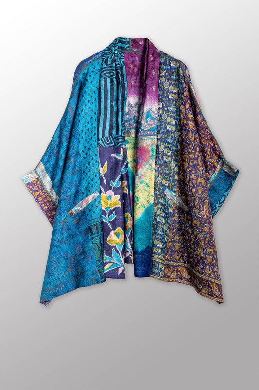 VINTAGE SILK KANTHA DOUBLE COLLAR PONCHO - sv2323-0020a -
