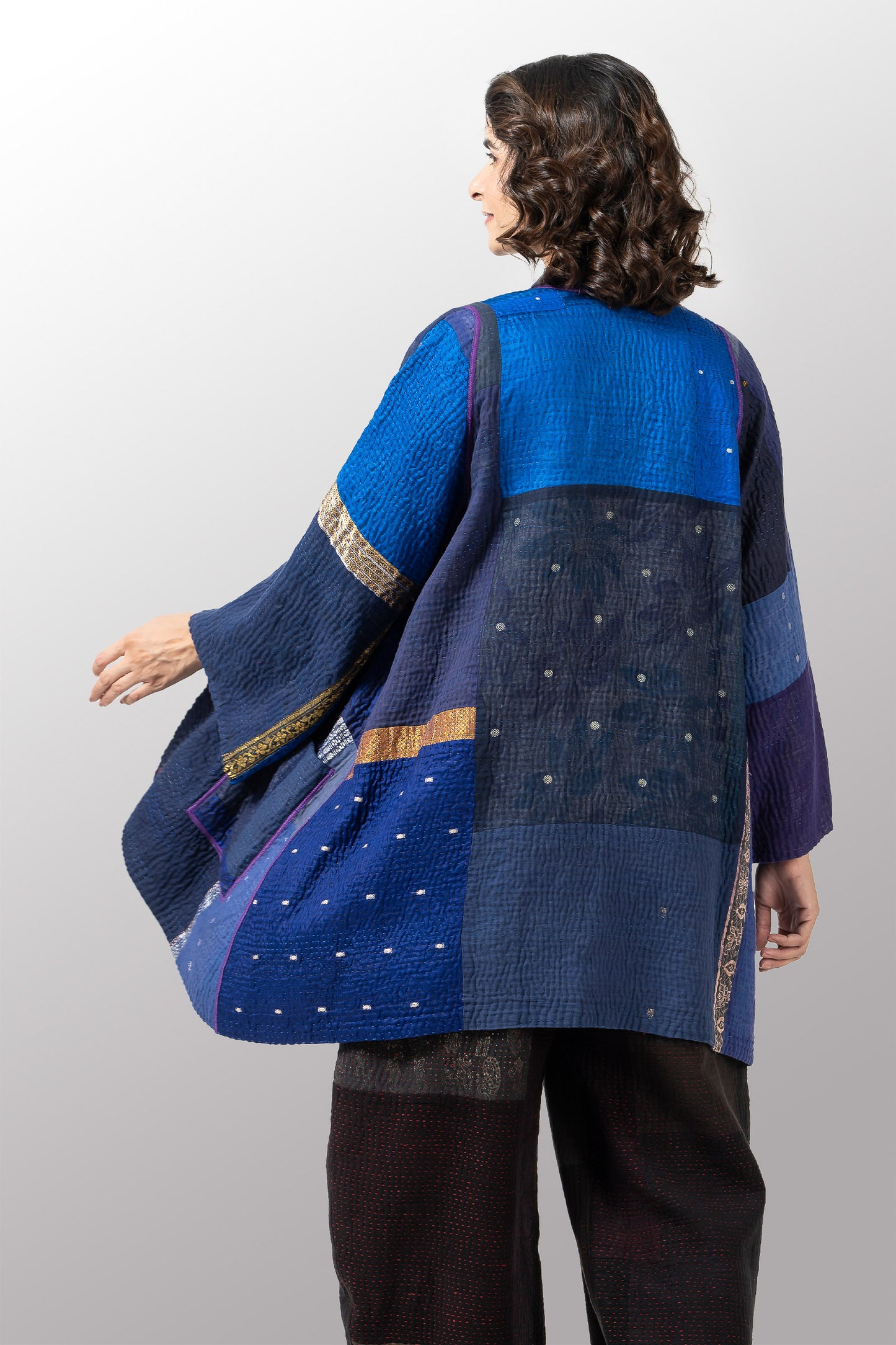 COTTON SILK SW PATCH KANTHA A-LINE JKT - ws4003-nvy -