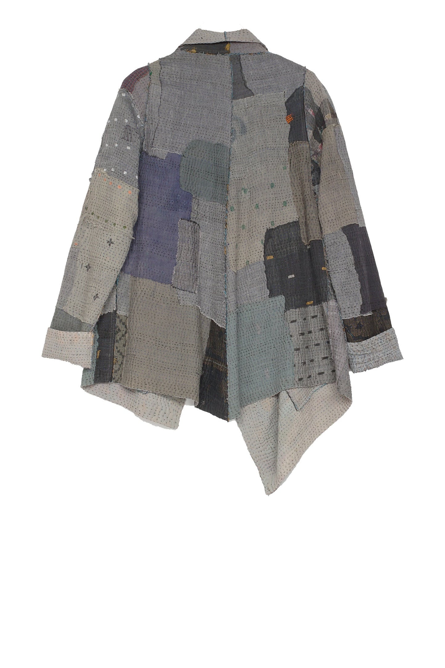 FRAYED PATCH KANTHA DRAPE COLLAR JKT - fi4037-gry -