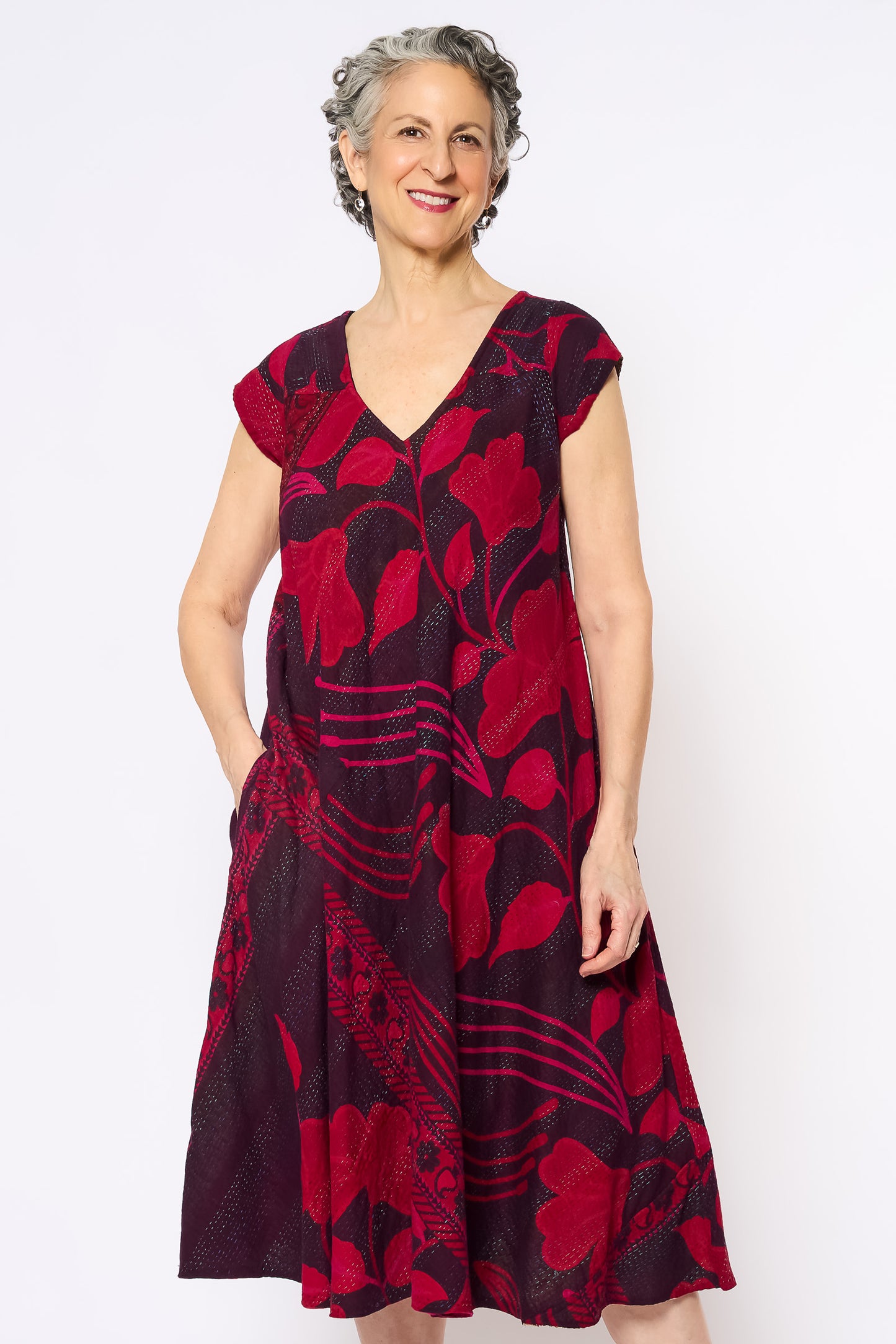 COTTON OVERDYE KANTHA CAP SLV. FLARE DRESS - ov2425-cred001m -