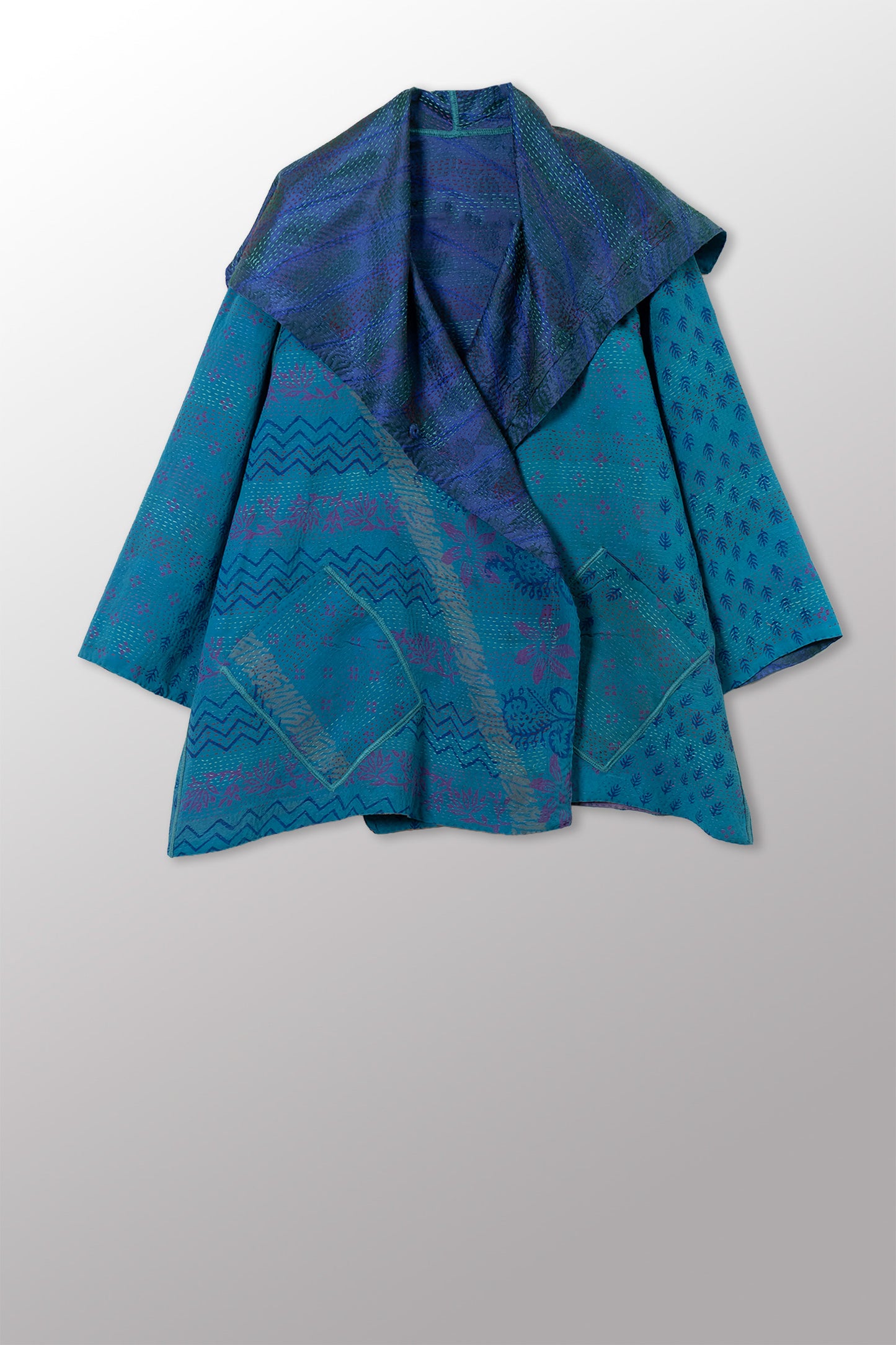 GEORGETTE JACQUARD VINTAGE SILK PATCH KANTHA FLARE JACKET - gj2010-0001a -