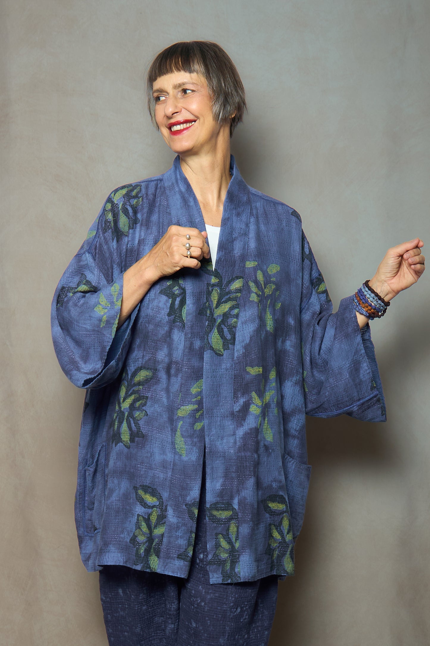 CLOUD TIE DYE FLORAL KANTHA KIMONO COLLAR JACKET - uf2j108-blu -