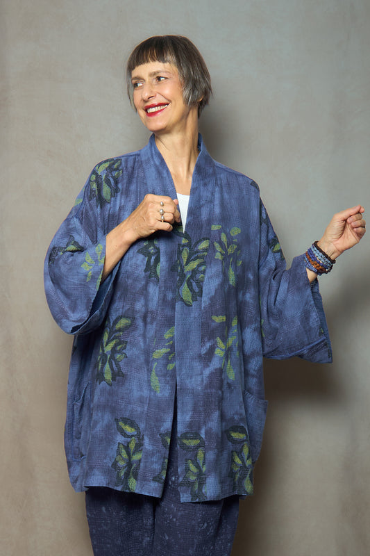 CLOUD TIE DYE FLORAL KANTHA KIMONO COLLAR JACKET - uf2j108-blu -