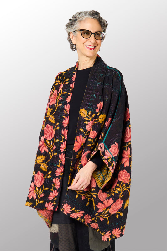 VINTAGE COTTON KANTHA DOUBLE COLLAR PONCHO - cv4323-0053a -