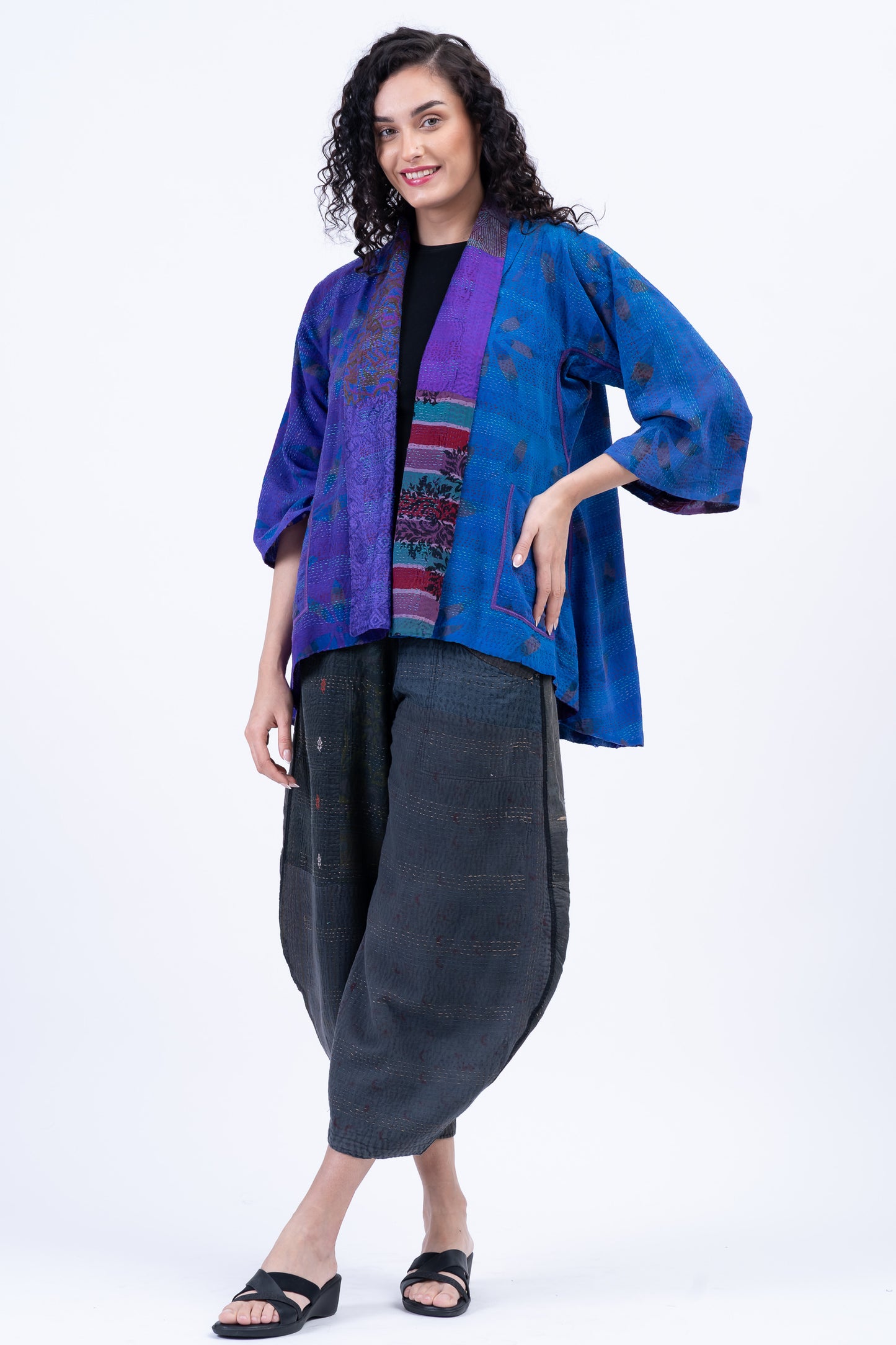GEORGETTE VINTAGE SILK PATCH KANTHA BELL SHAPE JKT - gs2048-prp -