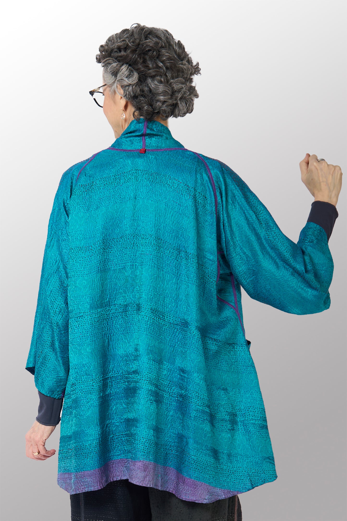 GEORGETTE JACQUARD VINTAGE SILK PATCH KANTHA KIMONO JACKET - gj2004-0001a -