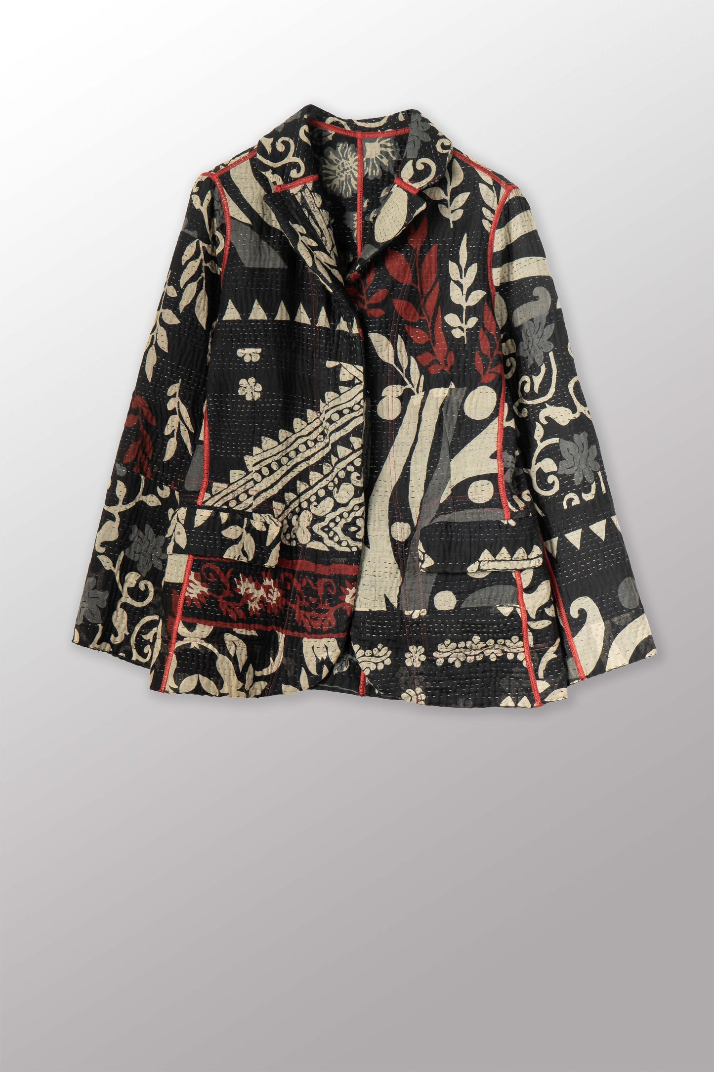 BLACK AND WHITE PRINT PATCH KANTHA BASIC JACKET - pn4052-red -