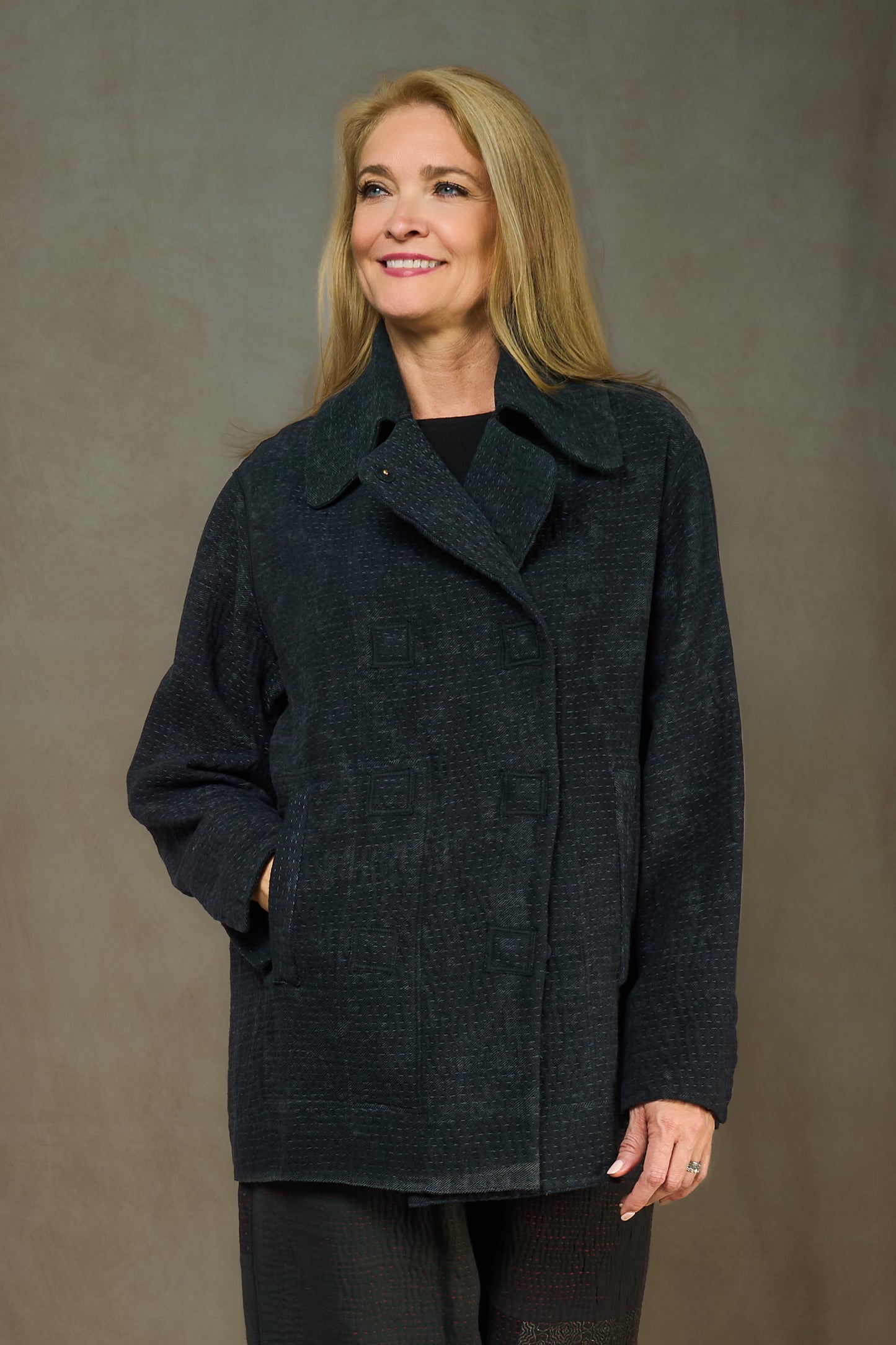DENIM SUN-DYE KANTHA PEA COAT - ds3349-blk -