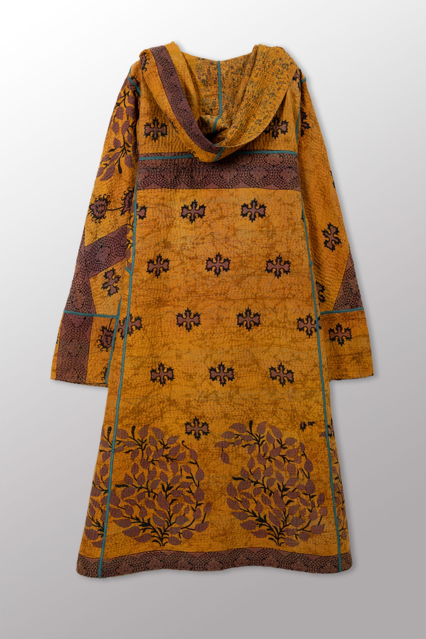 COTTON OVERDYE KANTHA HOODED A-LINE LONG COAT - ov4306-cylw001a -