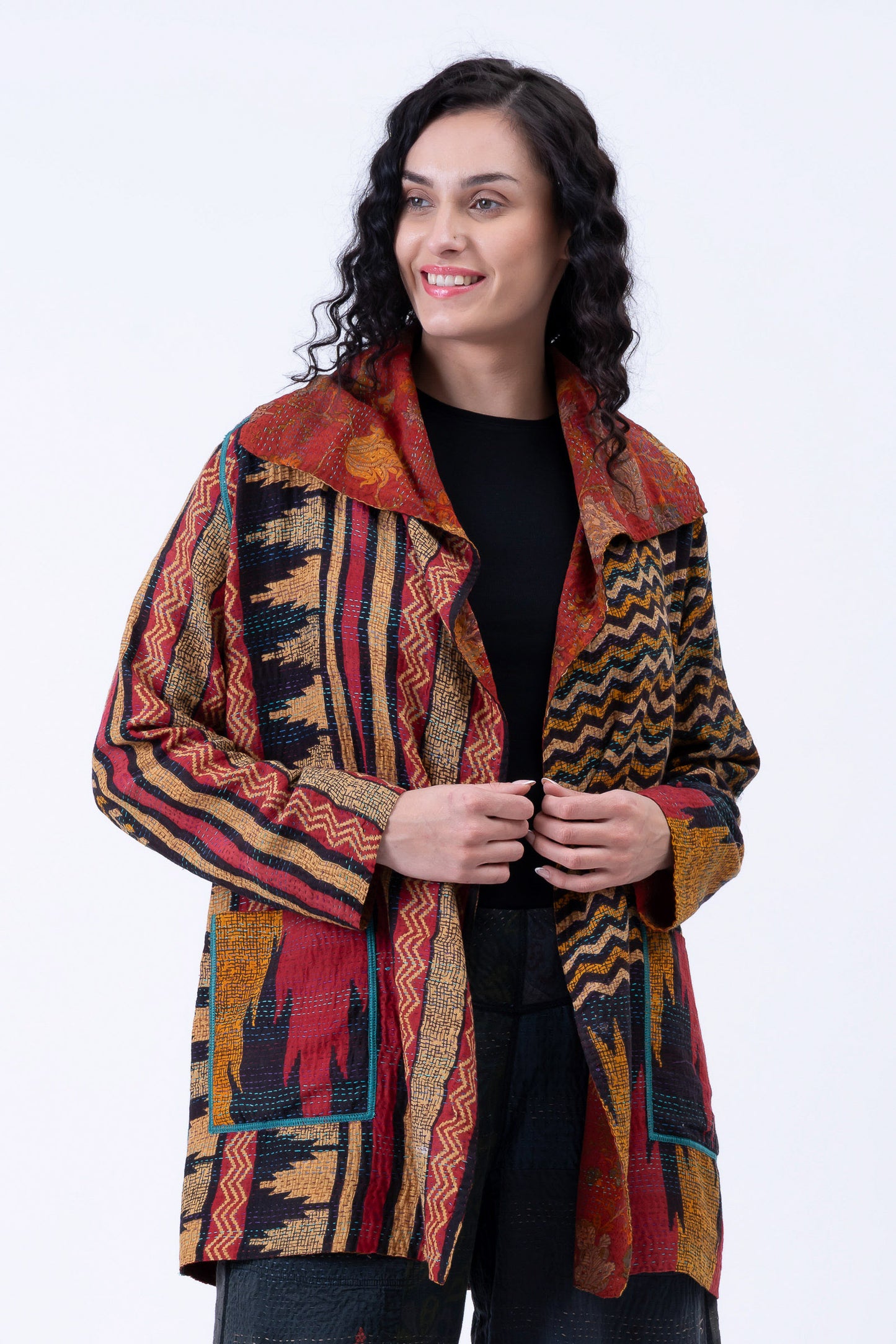 VINTAGE SILK GEORGETTE COTTON KANTHA POCKET JKT - gc2002-0015a -