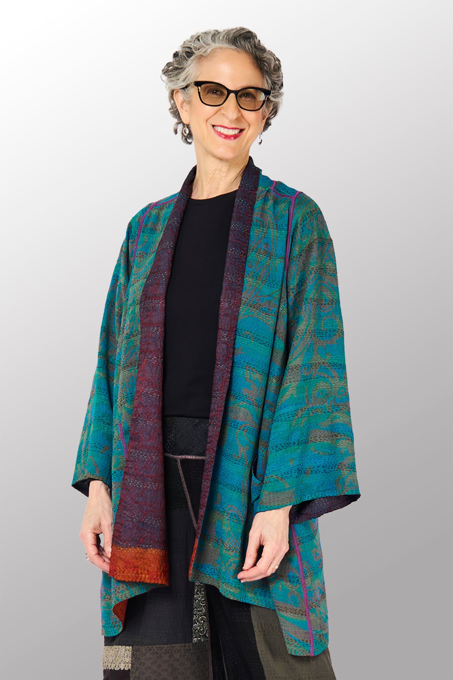 GEORGETTE JACQUARD VINTAGE SILK PATCH KANTHA A-LINE JACKET - gj2003-0001a -
