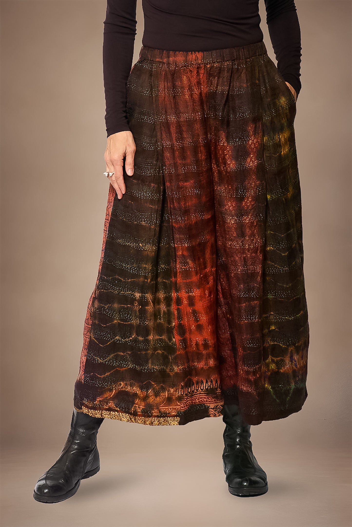 TIE DYE VINTAGE SILK KANTHA WIDE LEG LANTERN PANTS - st-sv2646-brn -