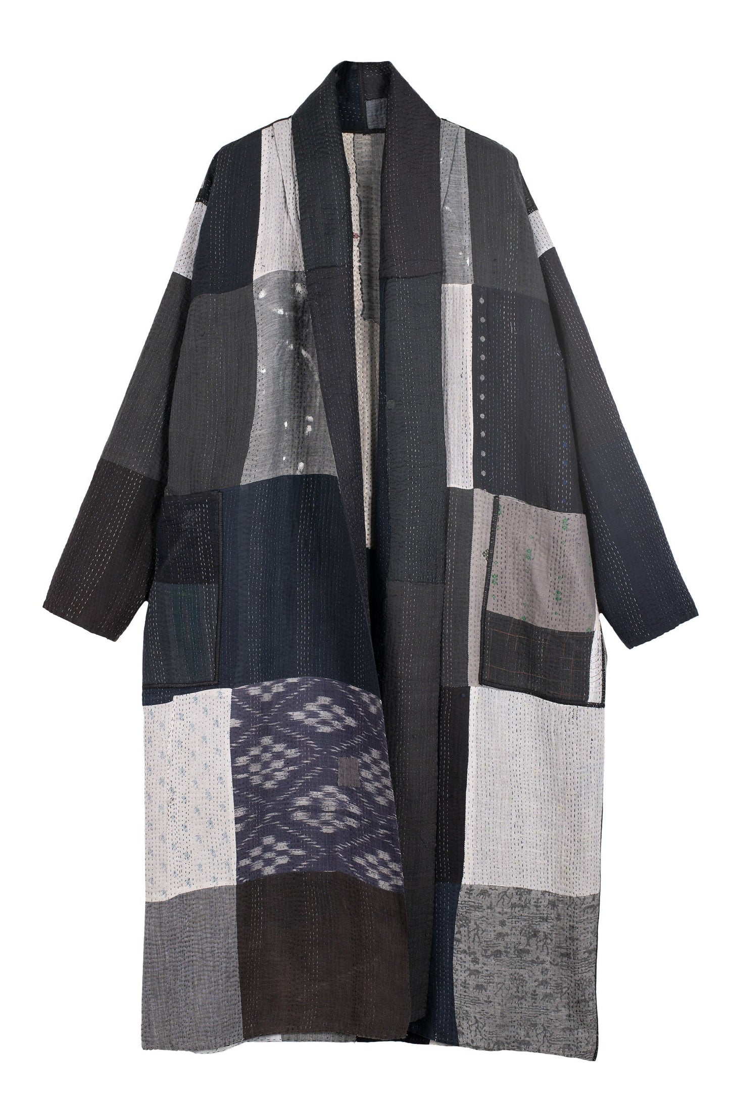 STRIPE AND CHECK COTTON SILK PATCH KANTHA  ROBE COAT - ss4329-blk -