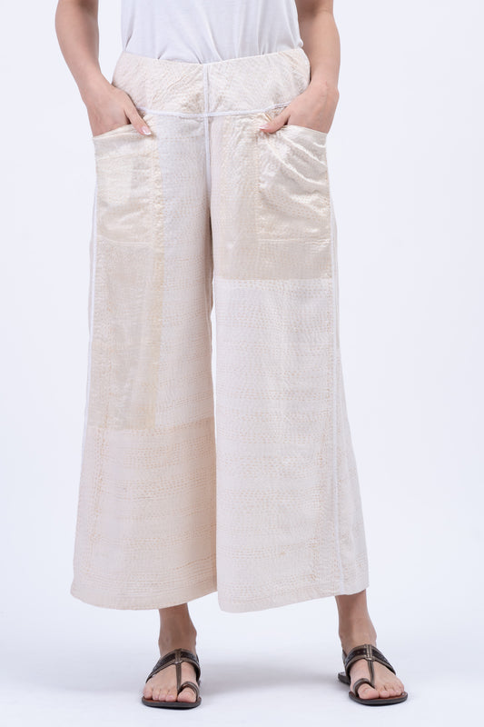 JAIPUR WHITE KANTHA MID RISE WIDE LEG PANTS - jw2665-ivy -