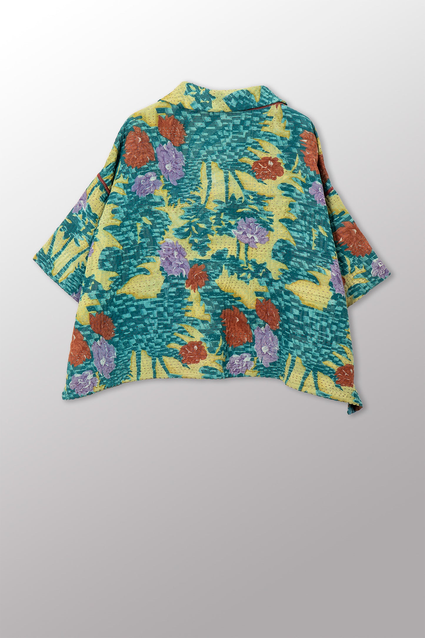 VINTAGE SILK GEORGETTE COTTON KANTHA COWL NECK PONCHO - gc4061-0001a -