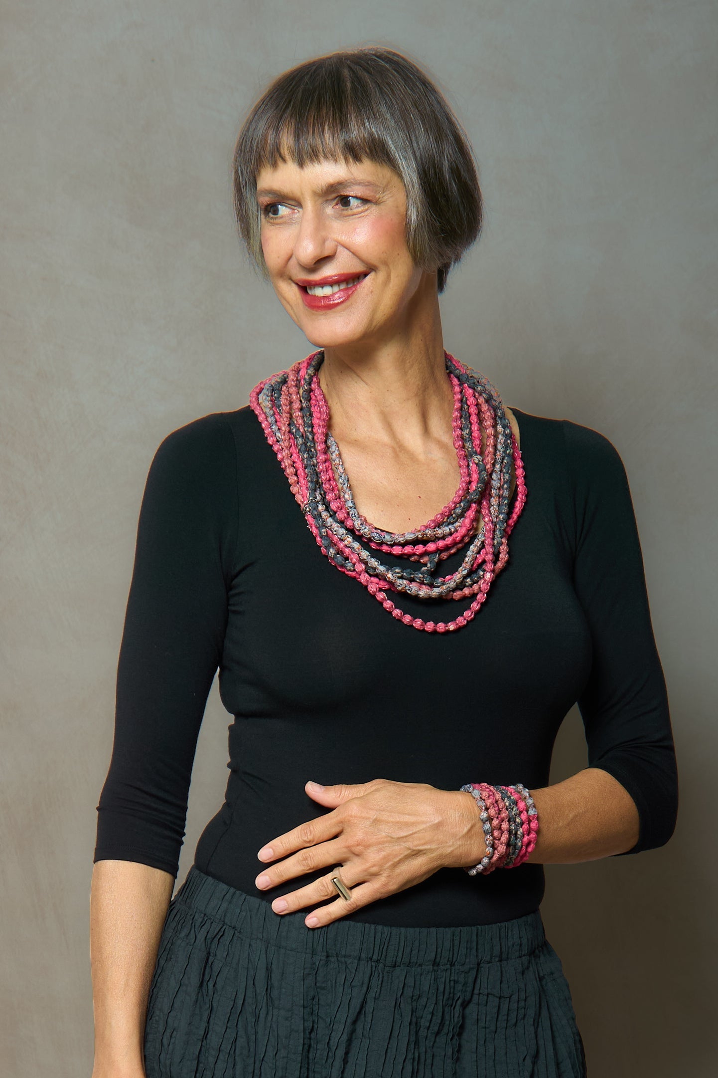 VINTAGE SILK KANTHA 5 STRAND NECKLACE - sv2730-pik -