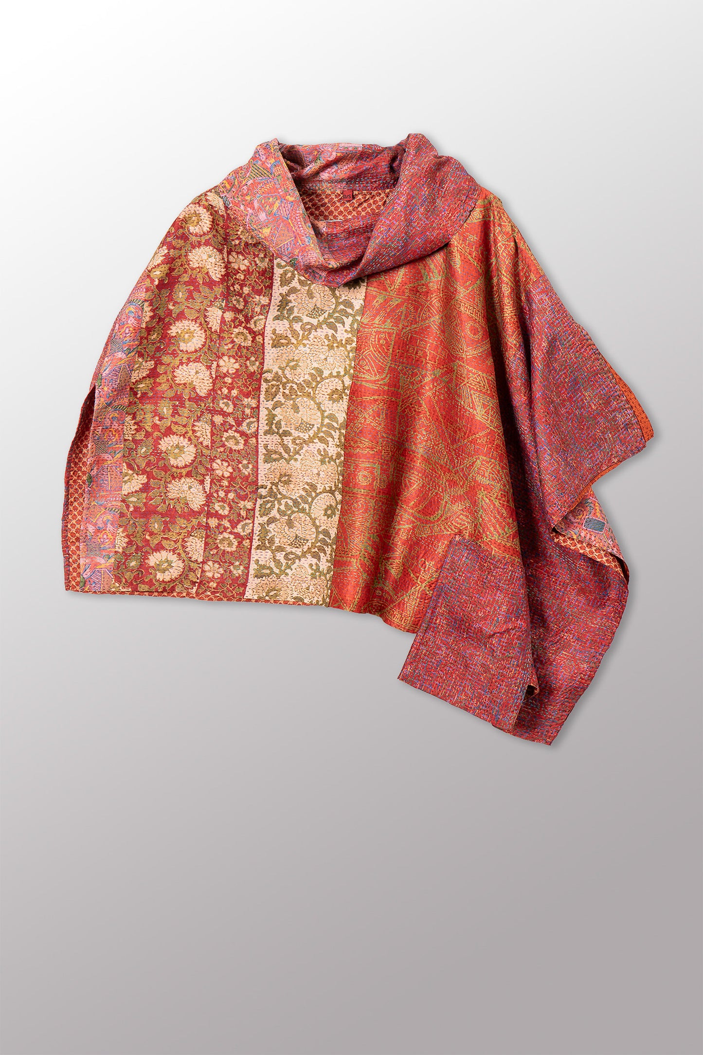 VINTAGE SILK KANTHA COWL NECK LONG CAPE - sv2842-0014a -