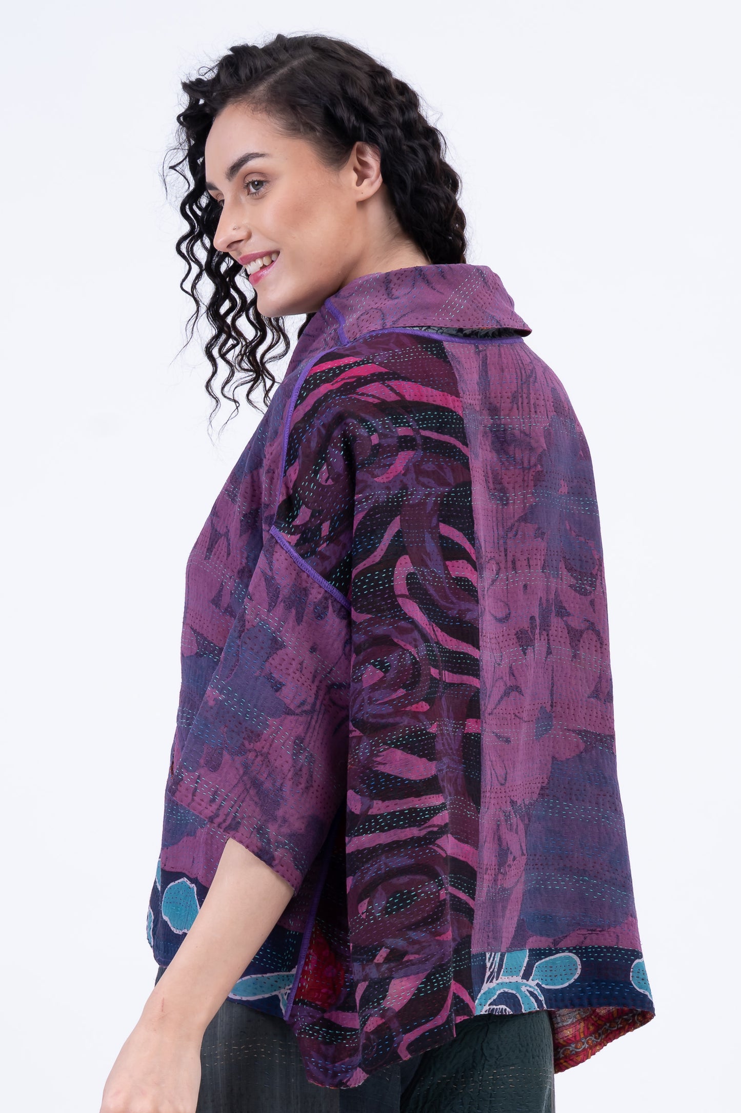 VINTAGE SILK GEORGETTE COTTON KANTHA COWL NECK PONCHO - gc2061-0003a -