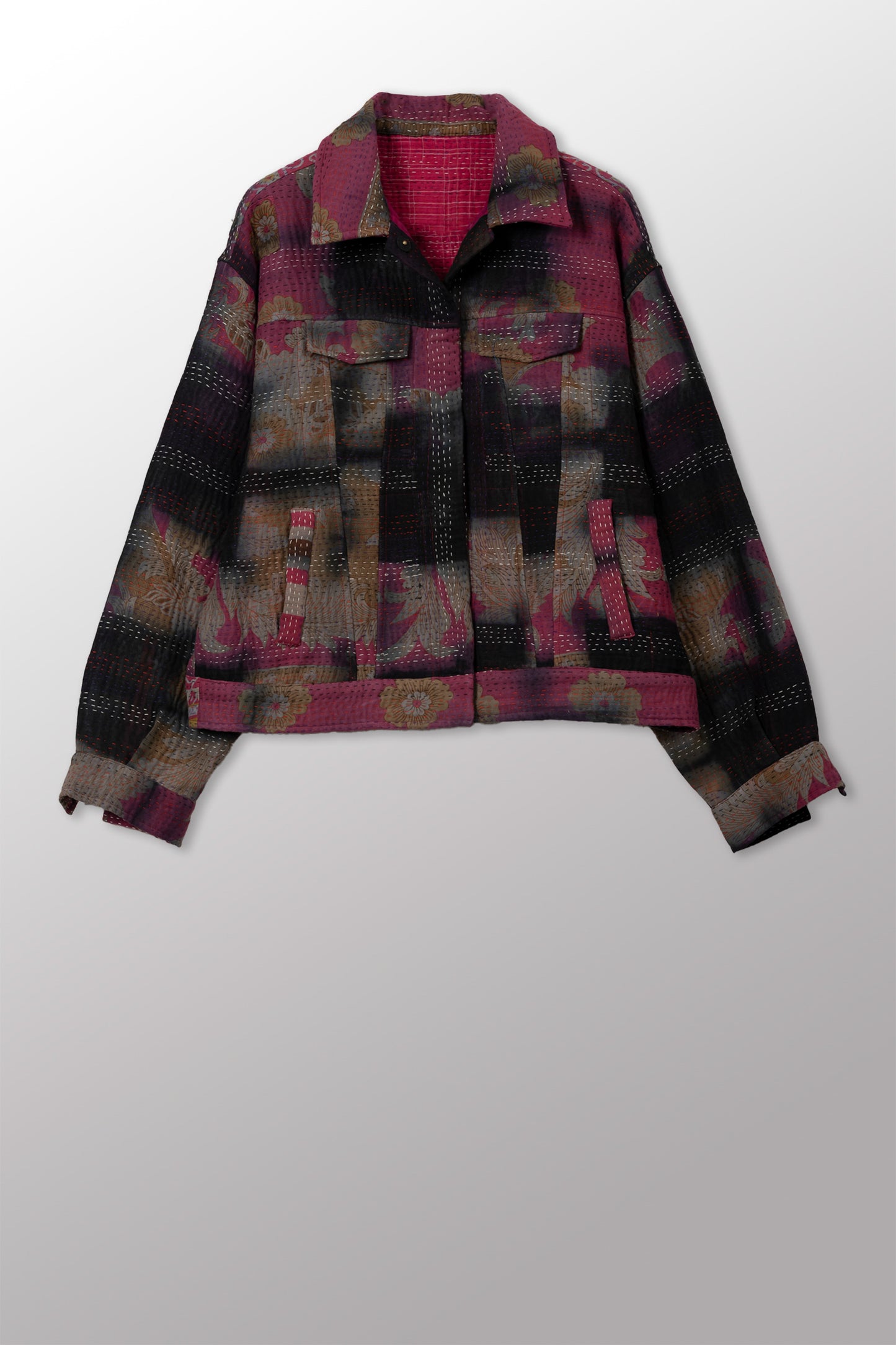VINTAGE COTTON GREY CLAMP TIE DYE KANTHA OVERSIZED TRUCKER JACKET - su4j107-0002m -