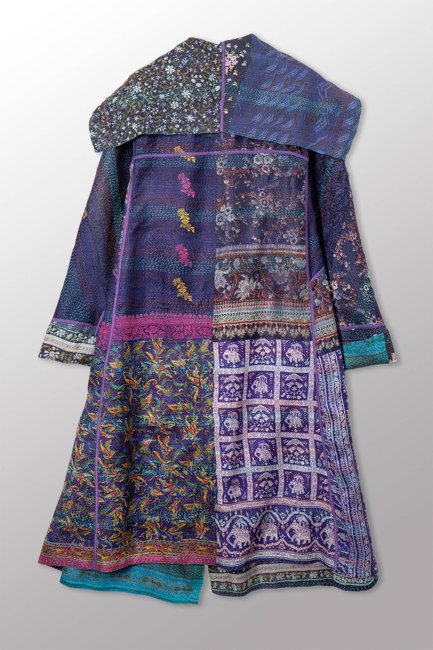 VINTAGE SILK KANTHA A-LINE LONG COAT - sv2302-0091a -