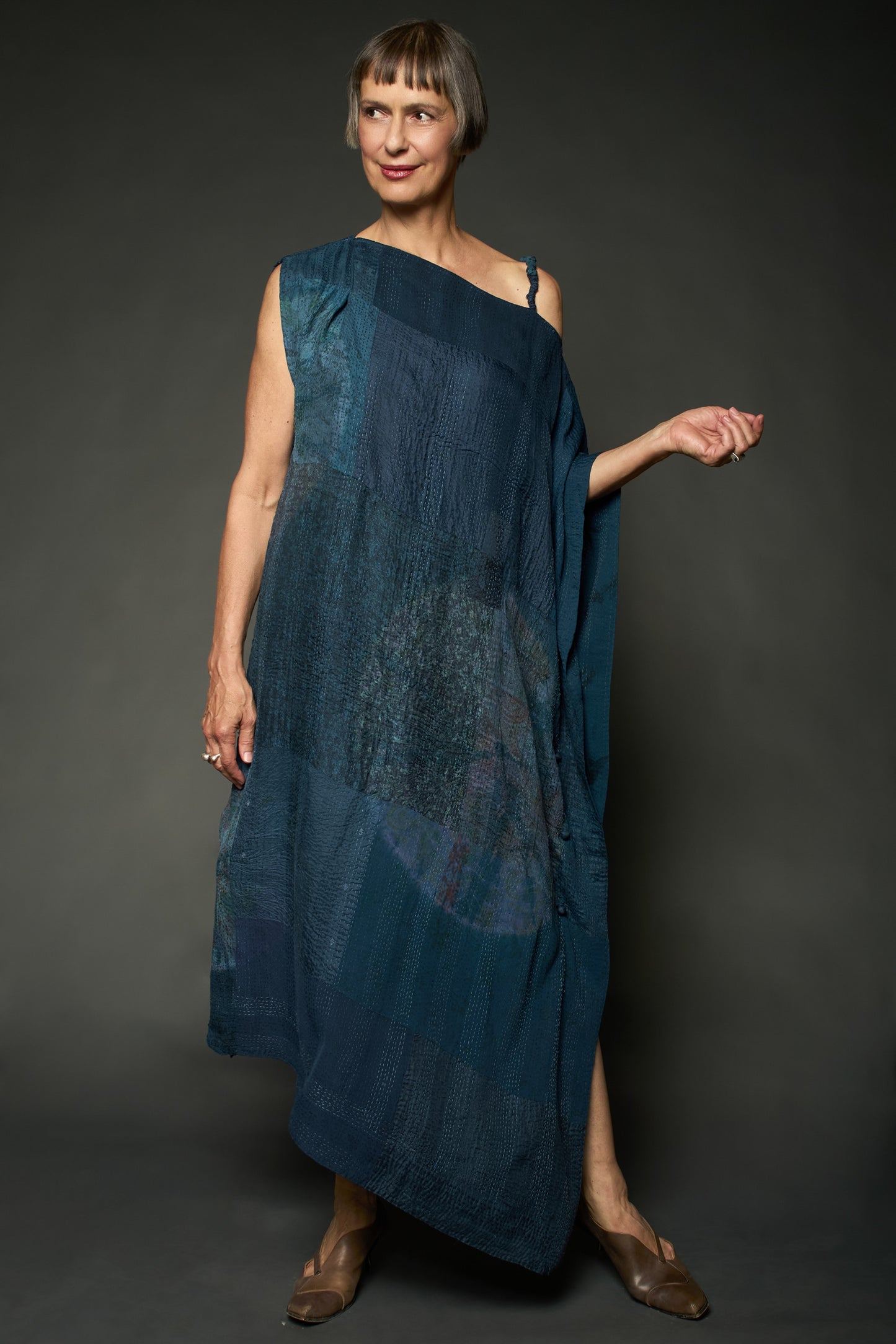 SHIBORI TIE DYE GEORGETTE VINTAGE SILK PATCH KANTHA ASYMMETRIC TUBE DRESS - st-gs2472-nvy -