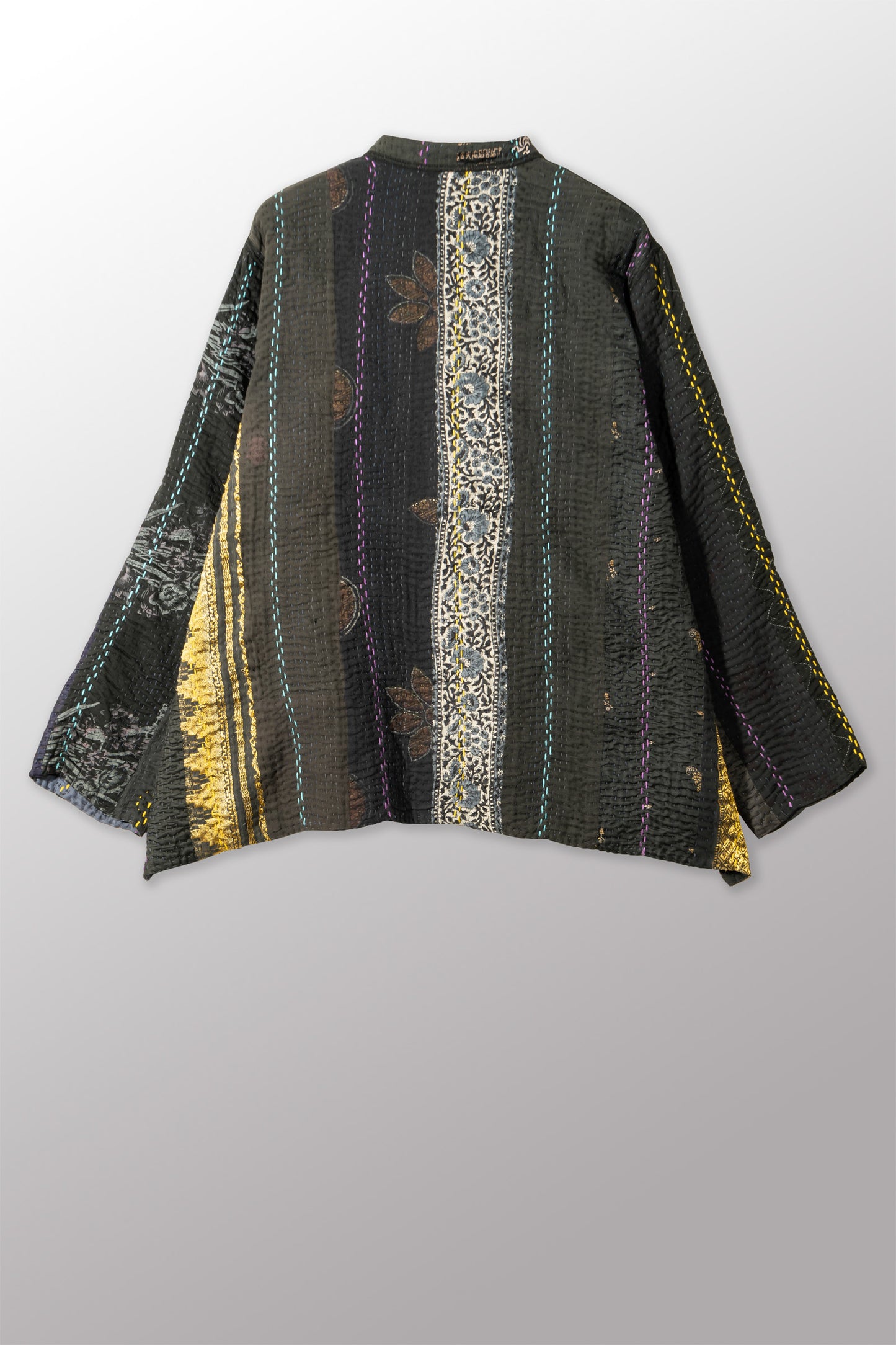 JEWEL WOVEN WITH VERTICAL PATCH KANTHA KAFTAN JACKET SHORT - jv4088-blk -