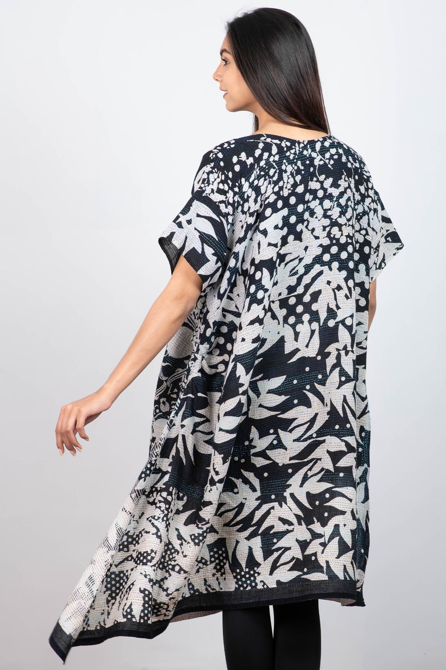 MONOTONE TWILIGHT PRINT KANTHA BOAT NECK T. DRESS - tp2430-blk -
