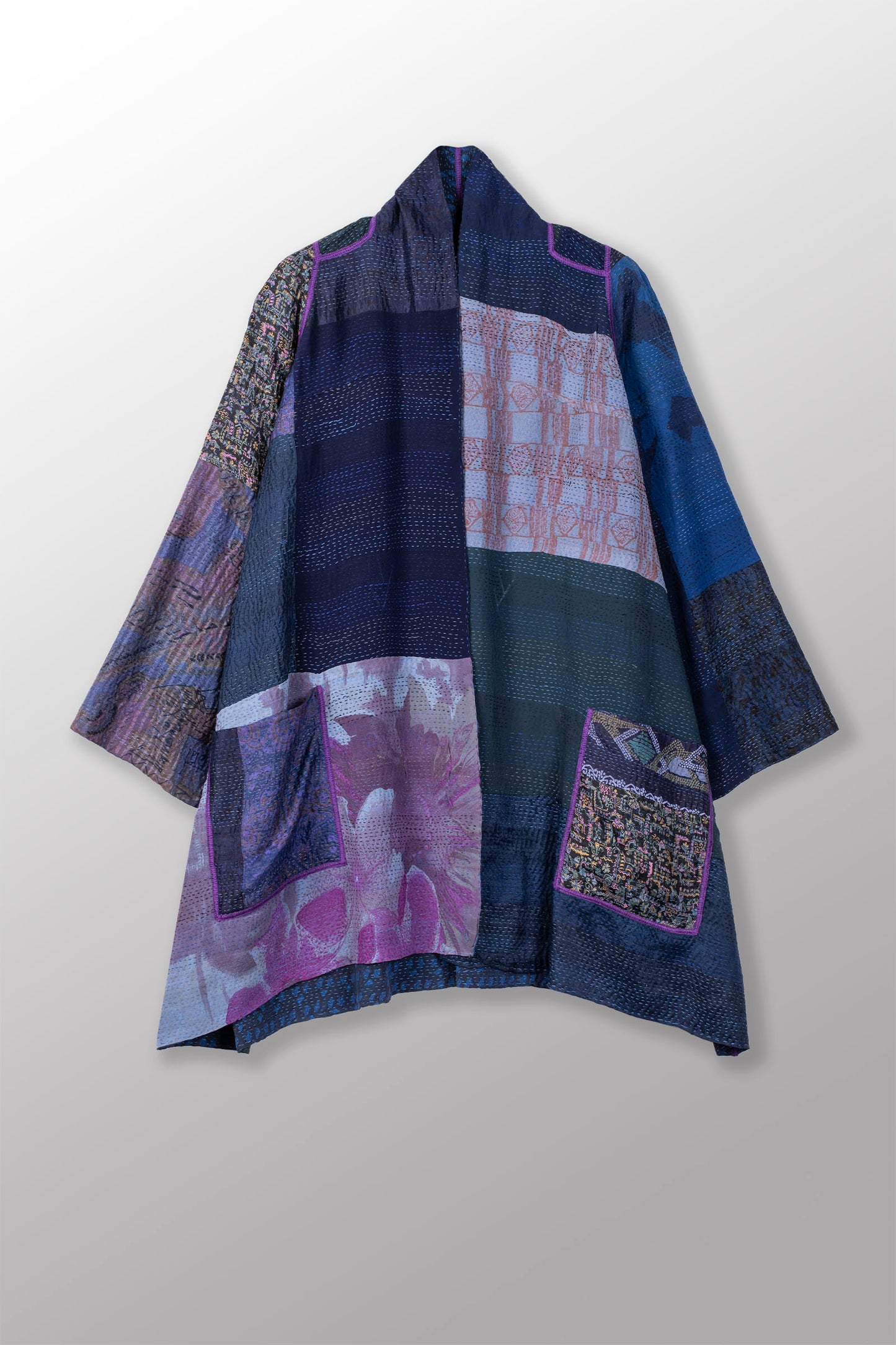 GEORGETTE VINTAGE SILK PATCH KANTHA A-LINE JKT - gs2003-nvy -