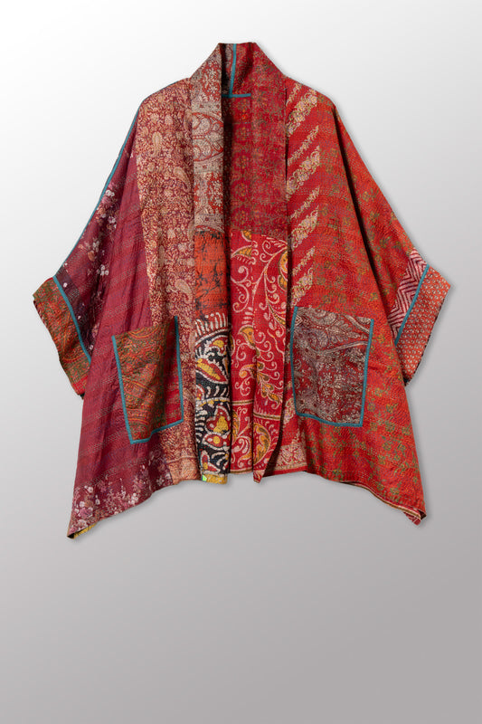 VINTAGE SILK KANTHA DOUBLE COLLAR PONCHO - sv2323-0024a -