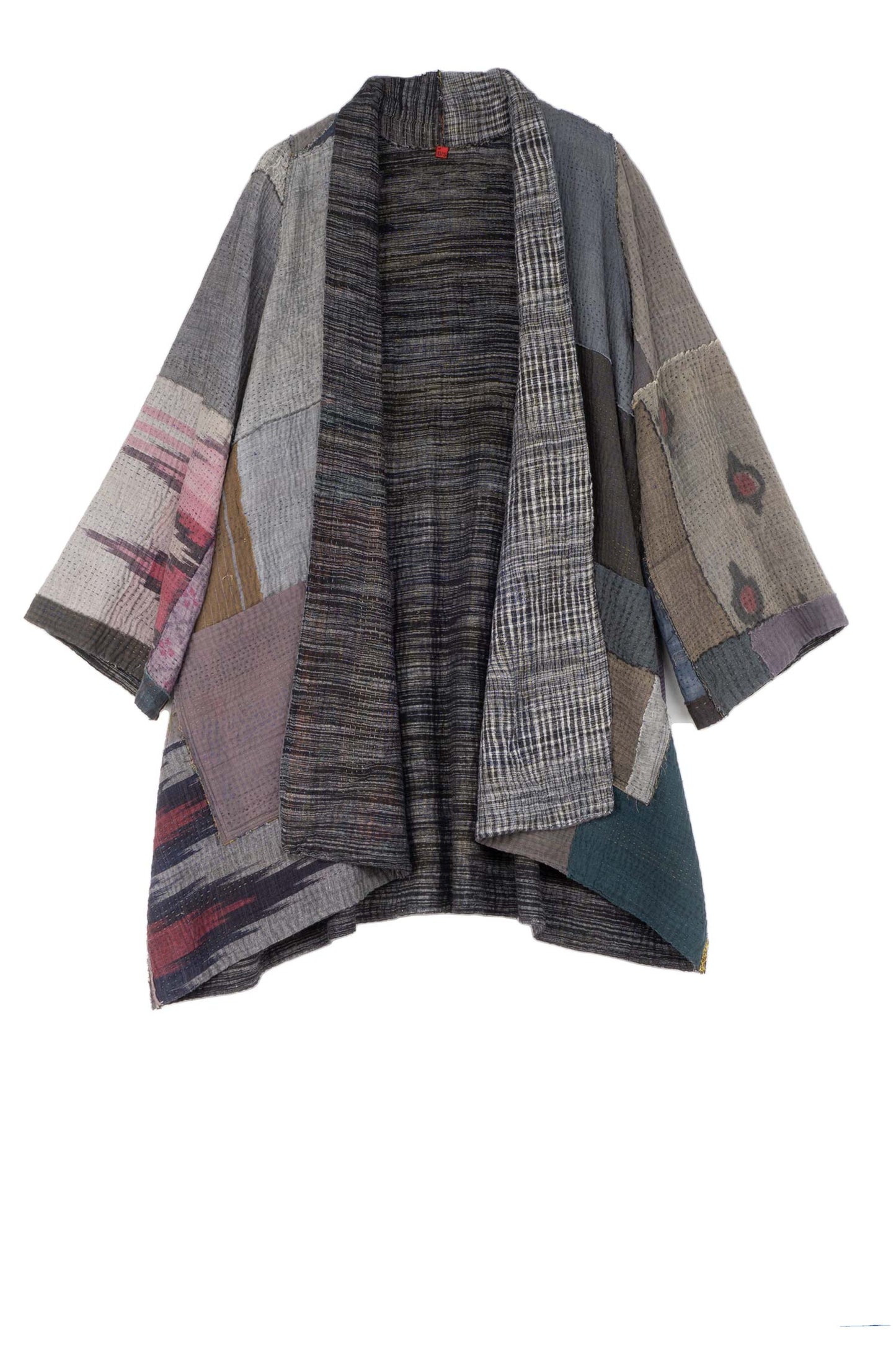 WOVEN IKAT & FRAYED PATCH KANTHA A-LINE JKT - wk4003-gry -