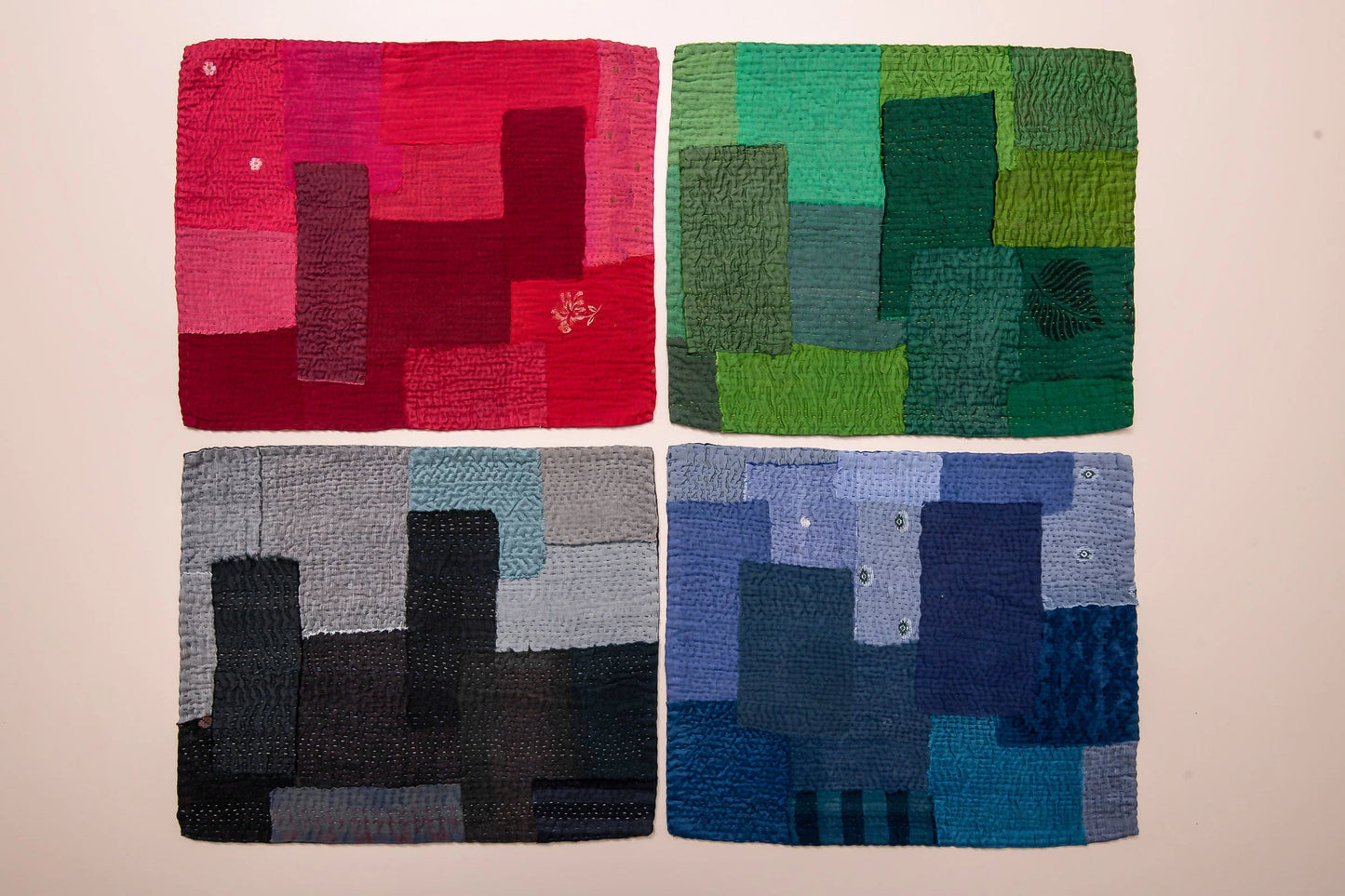 Landscape Fray Patch  Kantha Placemat - Red (Set of 2)
