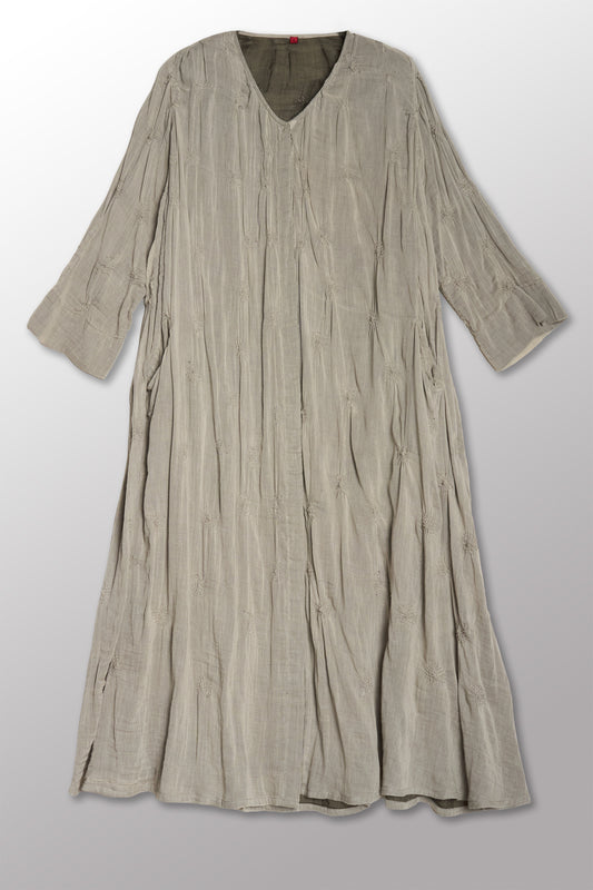 GAUZE SHIBORI GARMENT KANTHA A-LINE DRESS - bl-gg2460-gry -