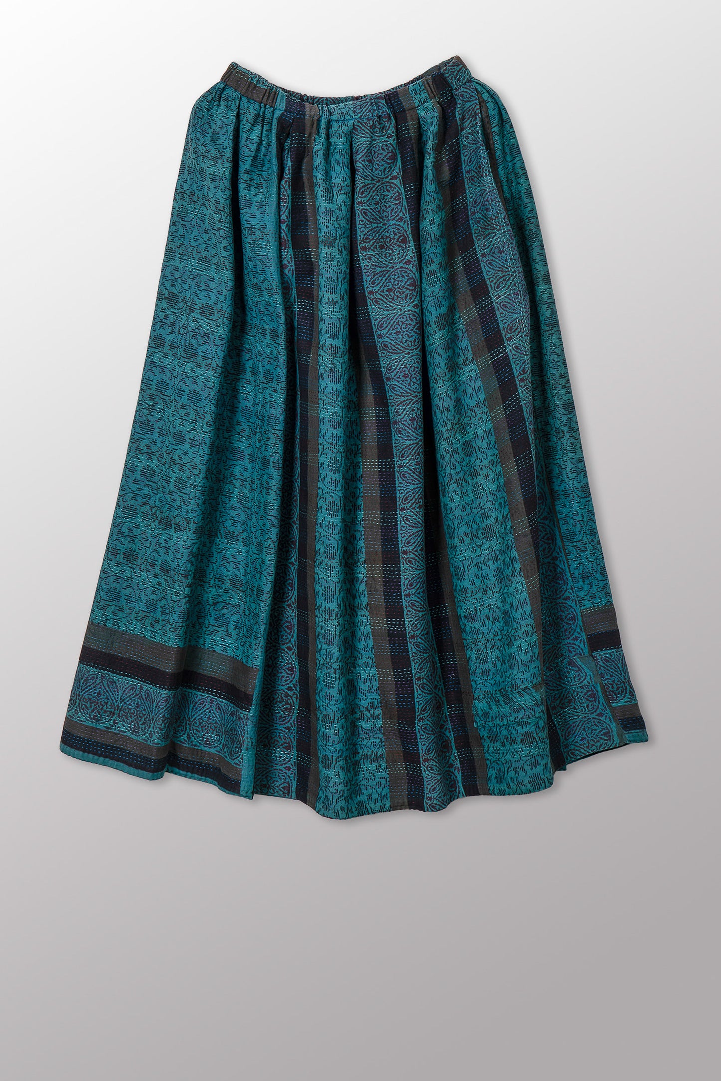 VINTAGE COTTON & NEW VOILE KANTHA TUCKED GATHER SKIRT - cn2663-0001s -