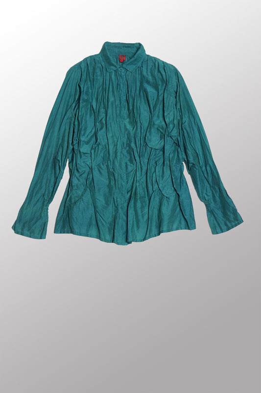 DYED COTTON SILK VOILE WAVY TUCKED SHIRT - dc1541-grn -