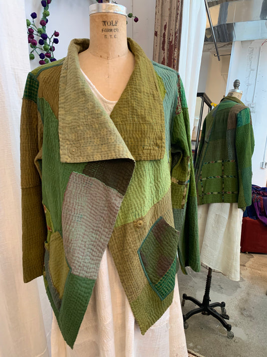 FRAYED PATCH MIX KANTHA WING COLLAR JACKET - fm4013-grn -